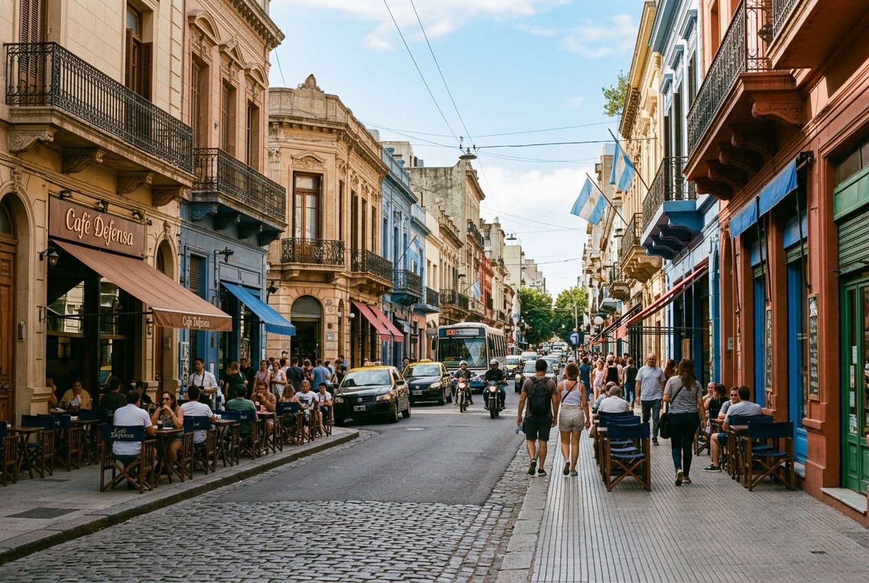 Rue animée de Buenos Aires en journée, passants et terrasses de café