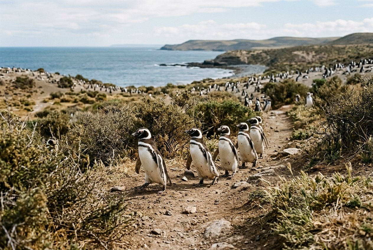 Manchots de Magellan traversant un sentier à Punta Tombo