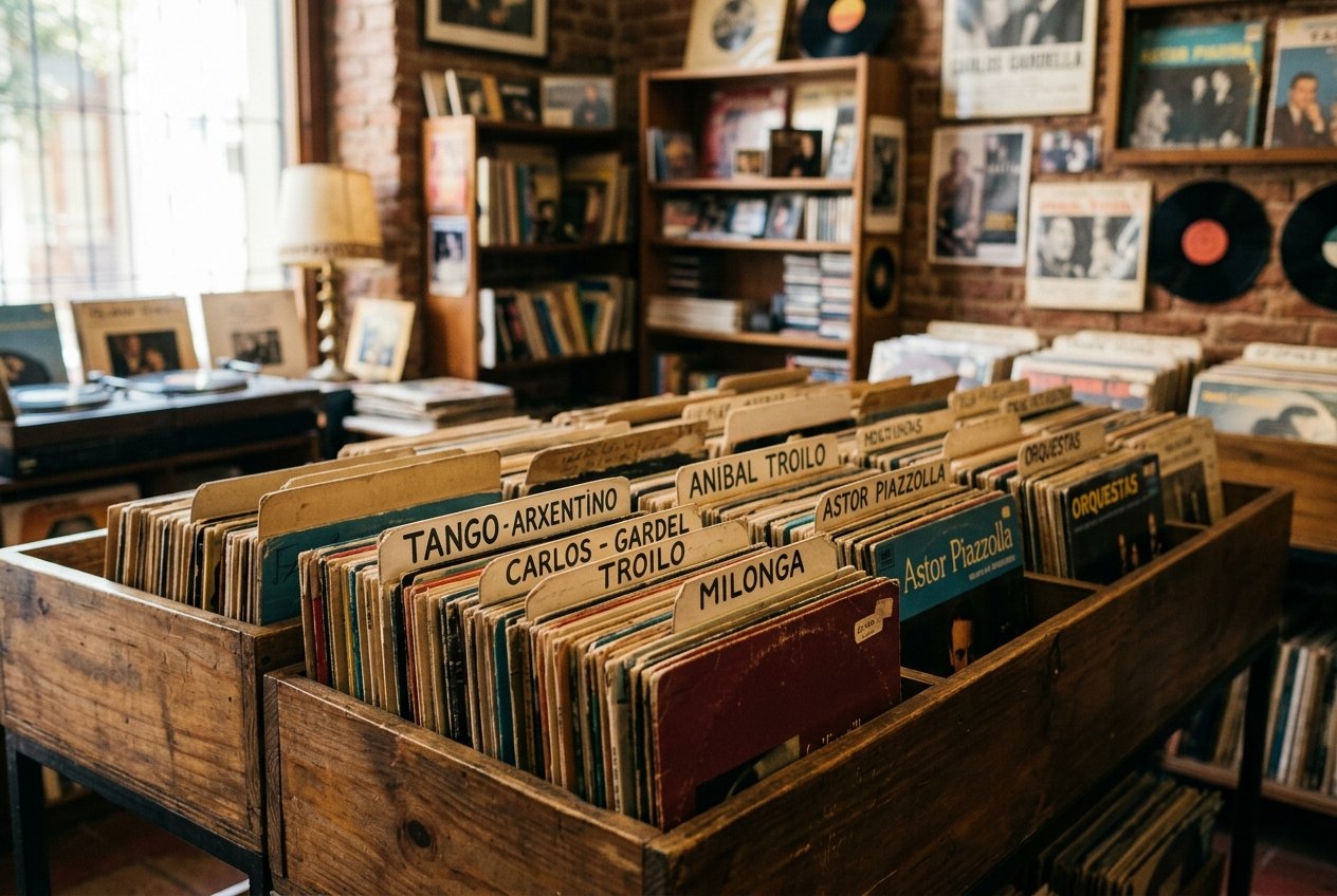 Bacs de vinyles de tango dans une boutique de San Telmo, Buenos Aires