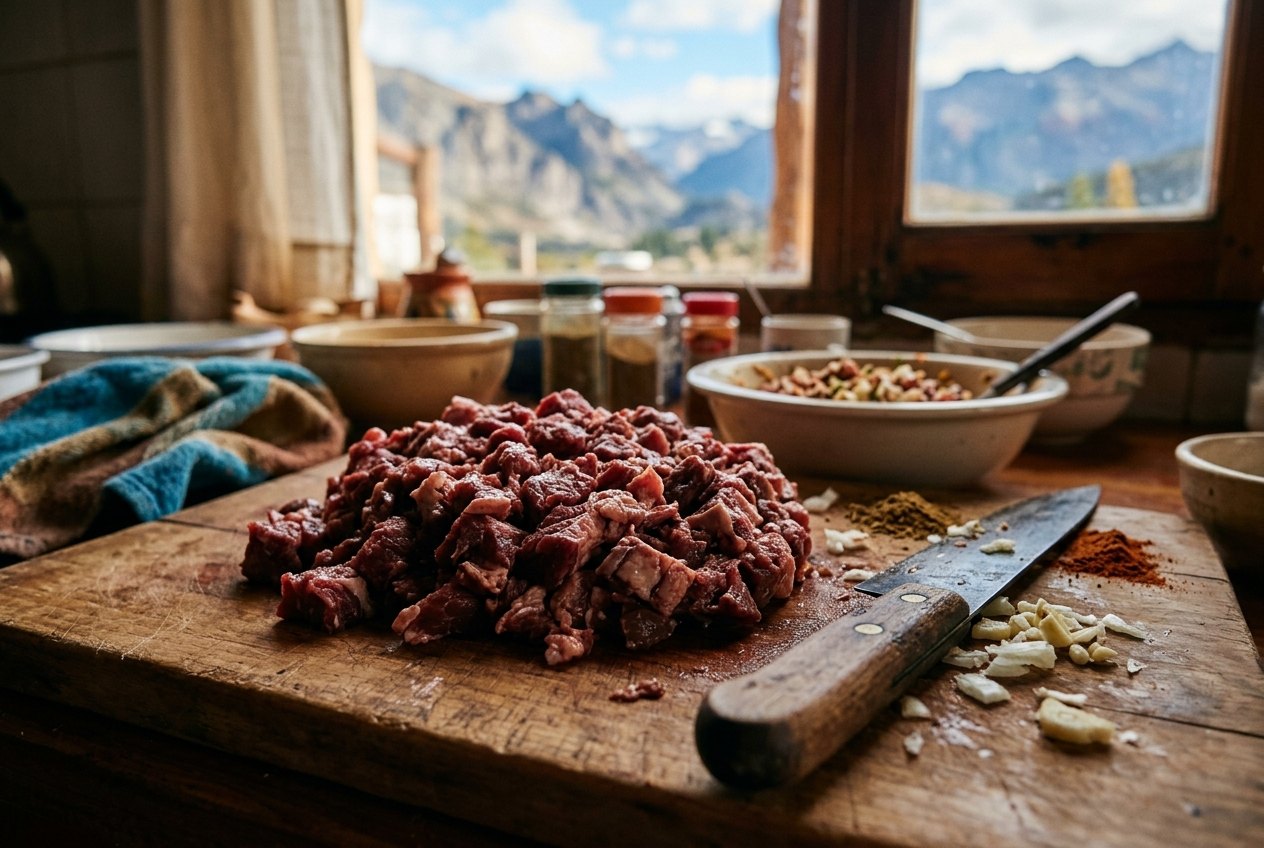 Viande de boeuf coupee au couteau pour une farce d empanada
