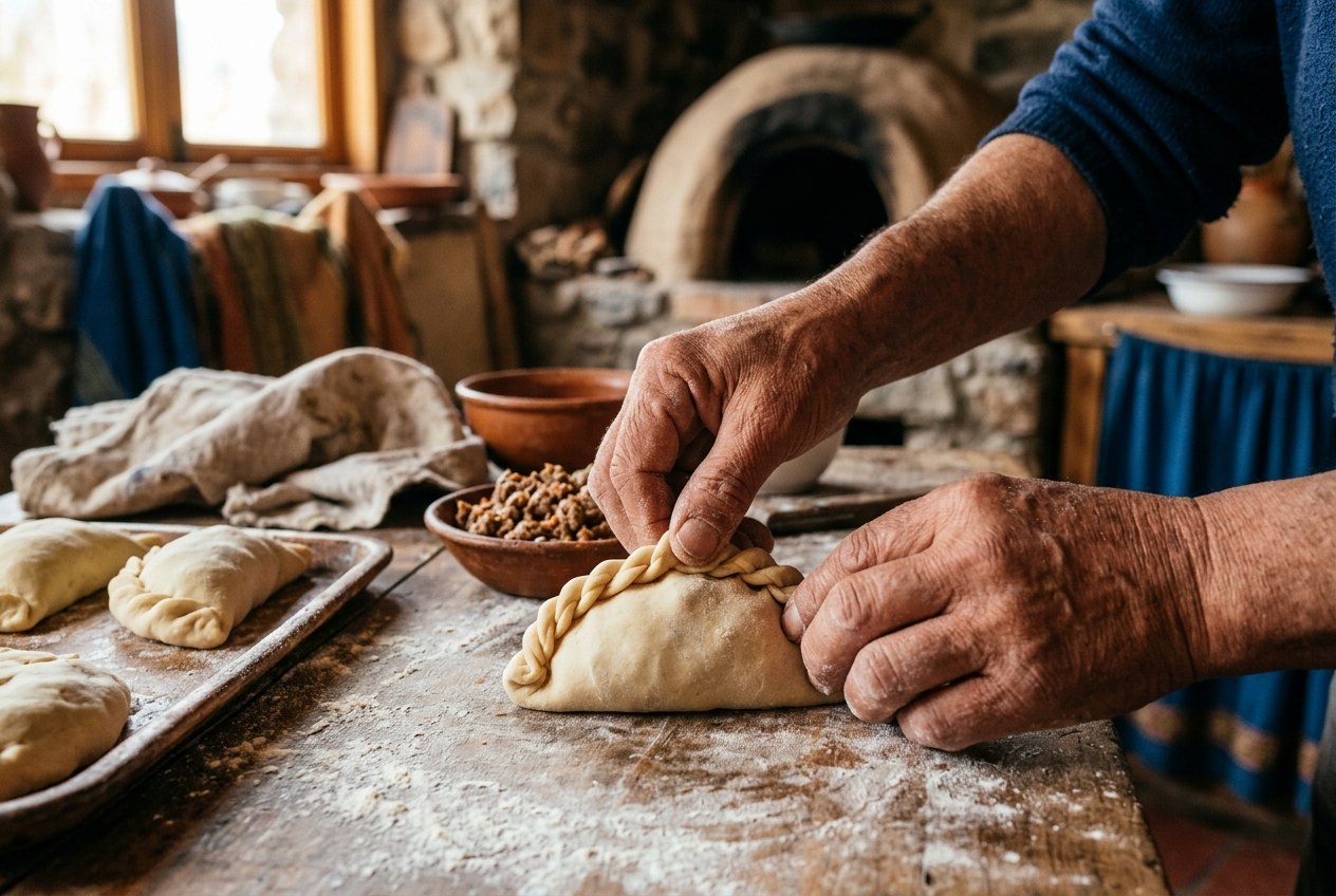 Une main referme le bord d une empanada en formant le repulgue