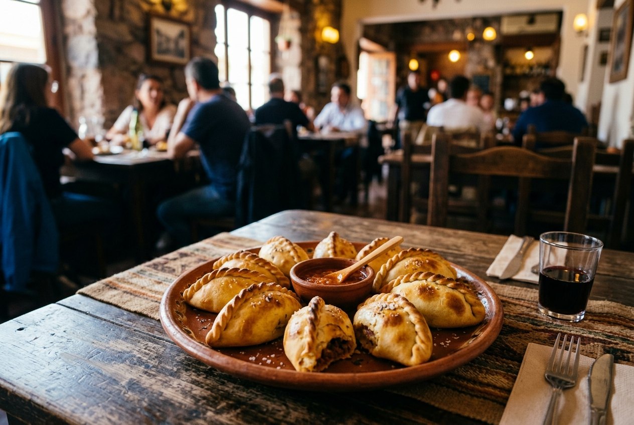 Plateau d empanadas saltenas dorees sur une table de bar a Salta