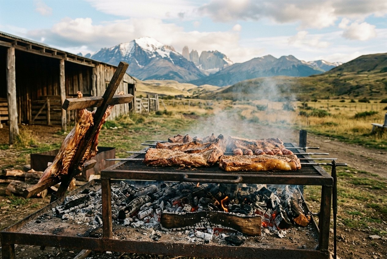 Asado a l estancia, viande sur la grille au-dessus des braises