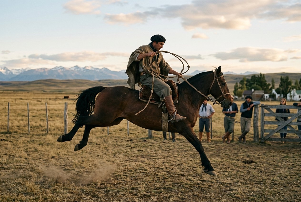 Demonstration de doma, gaucho sur un cheval qui rue