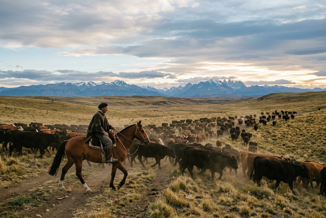 Gaucho a cheval menant un troupeau dans la pampa argentine