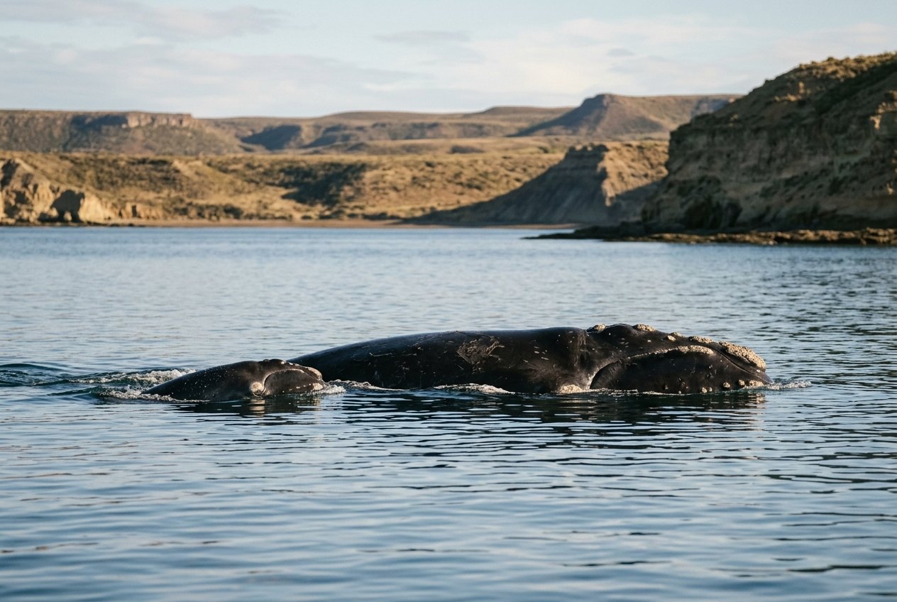 Une baleine franche australe et son baleineau en surface dans une eau calme