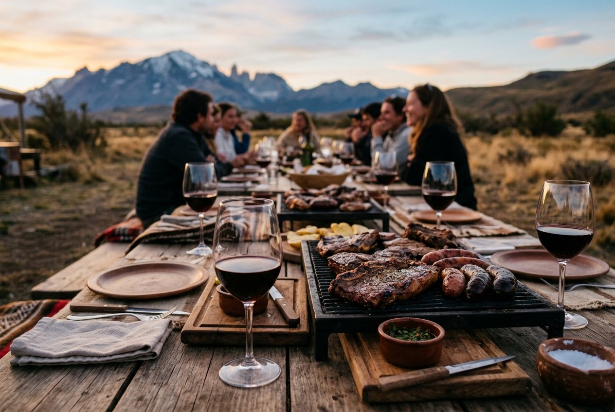 Table d asado avec viande grillee et verres de vin rouge, ambiance conviviale du soir