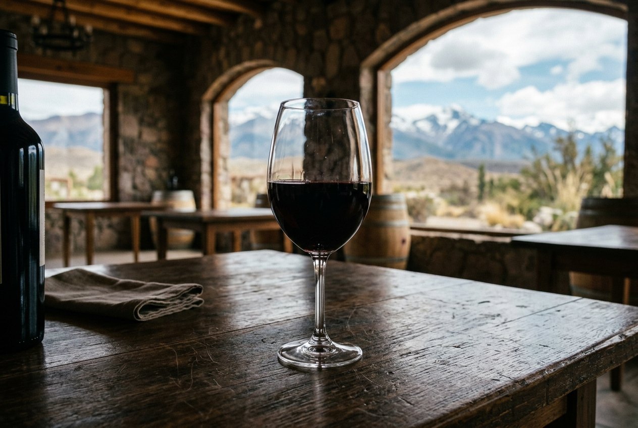 Verre de malbec pose sur une table de bodega, robe sombre et profonde