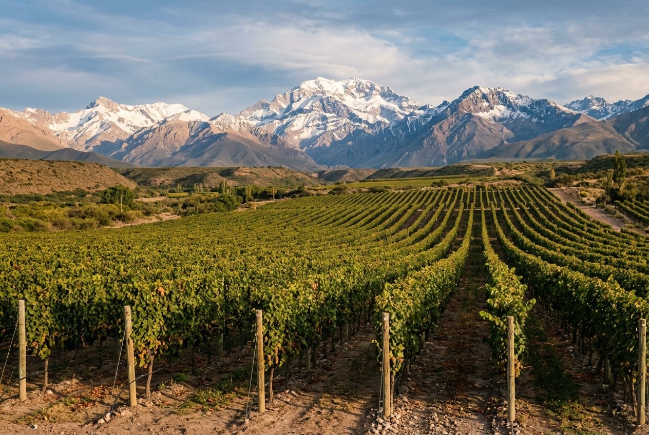 Rangs de vignes au pied des Andes enneigées, lumière de fin d apres-midi