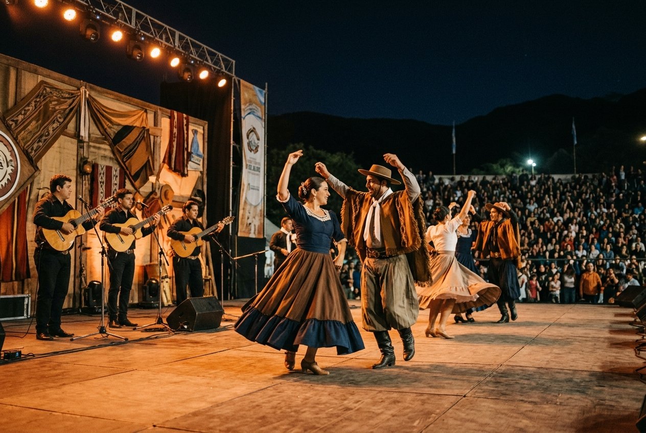 Scène nocturne du festival de folklore de Cosquín, guitares et danseurs sous les projecteurs