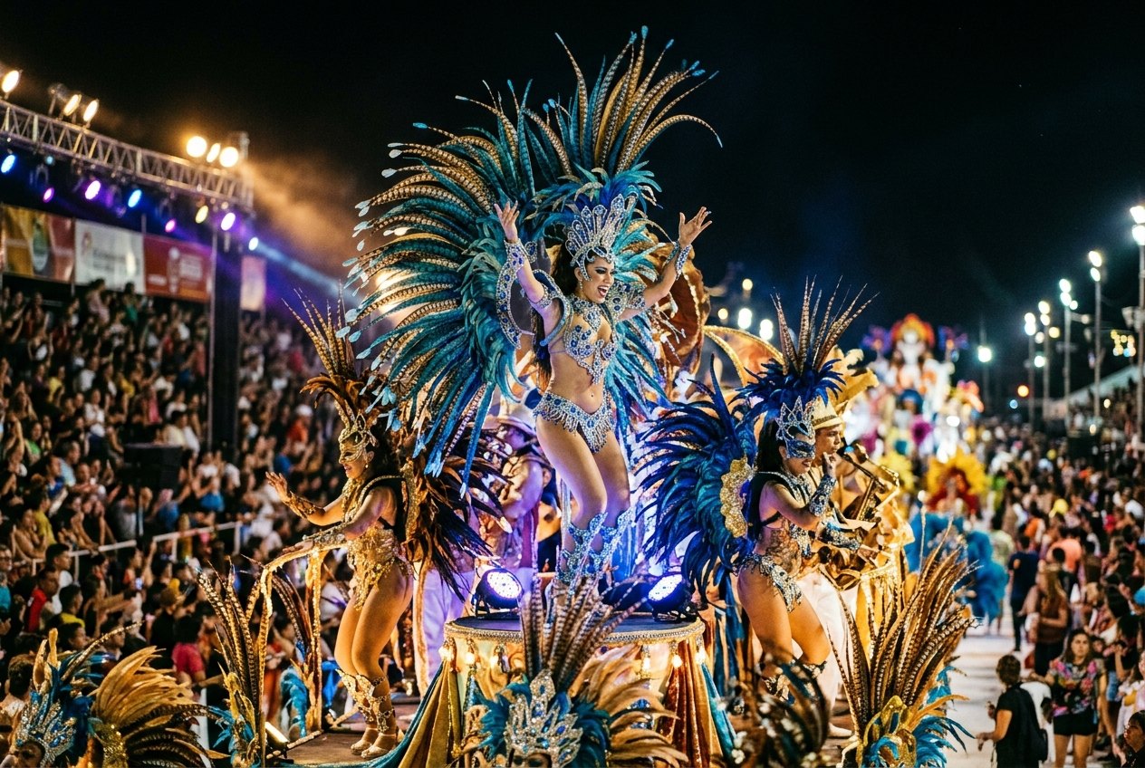 Défilé de comparsa au carnaval de Gualeguaychú, plumes et strass sous les projecteurs