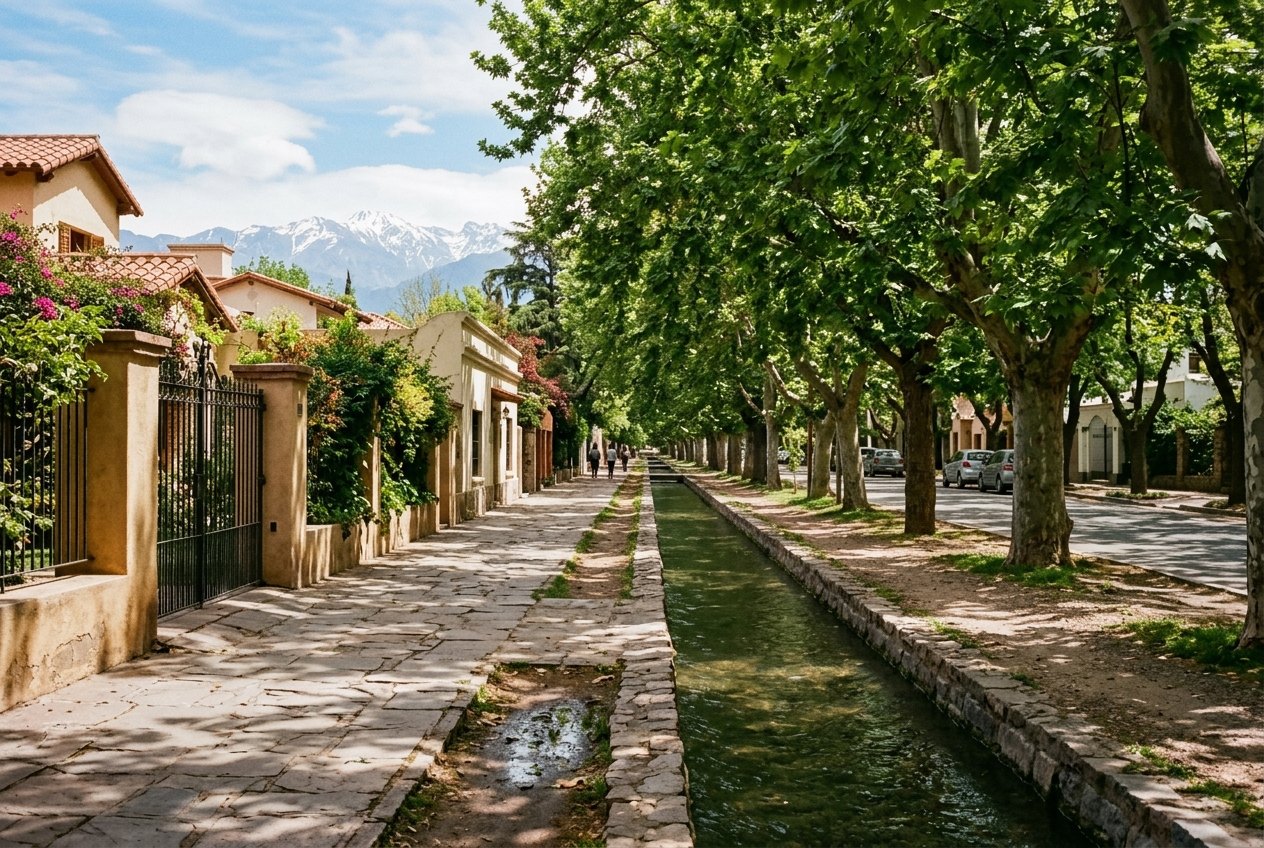 Acequia longeant un trottoir arboré de Mendoza