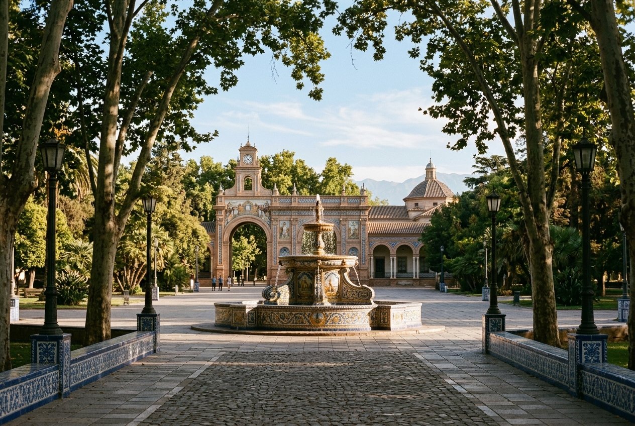 Plaza España à Mendoza, fontaine et azulejos sous les peupliers