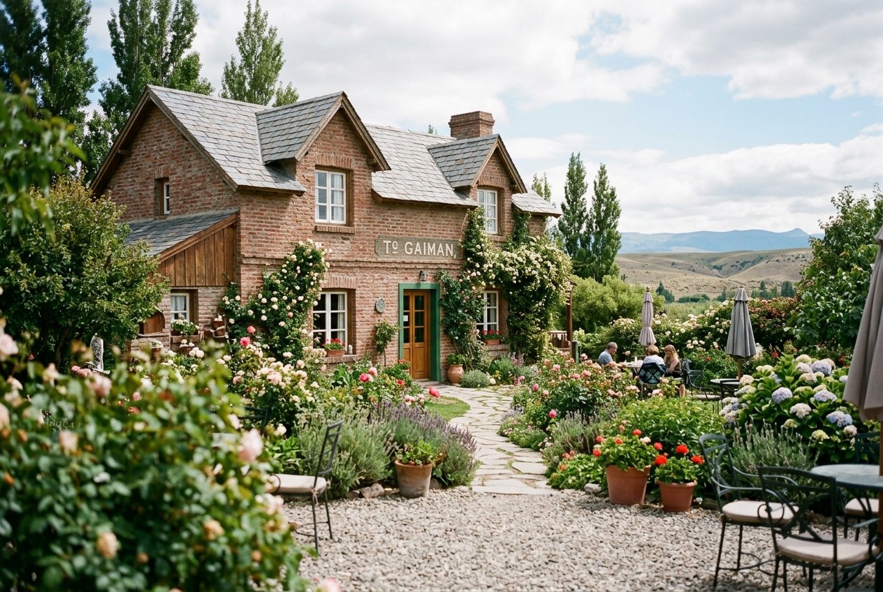 Salon de thé gallois à Gaiman, vallée du Chubut, maison de brique et jardin