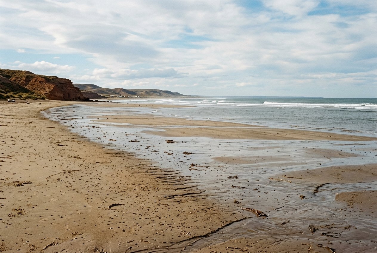 Plage de Puerto Madryn à marée basse, sable clair et Atlantique gris-bleu