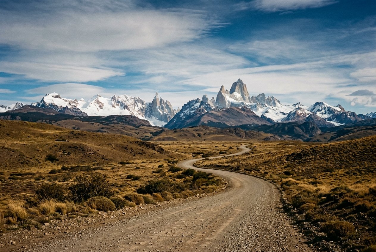 Piste de ripio de la Ruta 40 filant vers les sommets enneigés de la cordillère des Andes