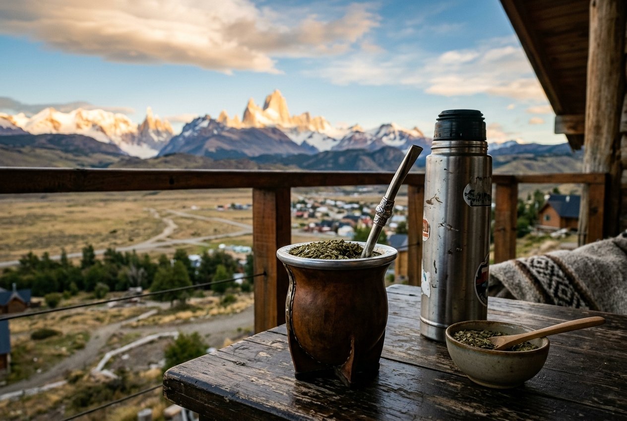 Calebasse de maté garnie de yerba avec sa bombilla en métal, posée à côté d